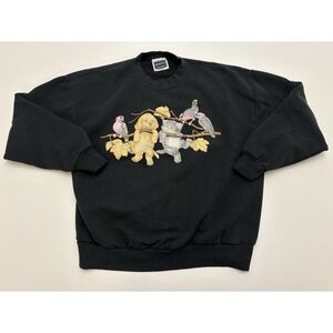 VTG 90s Dog Cat Birds In A Tree Graphic Sweater USA Size XL Black
